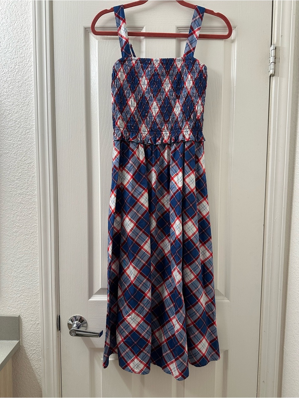 Old Navy Blue Red White Plaid Smocked Maxi Dress